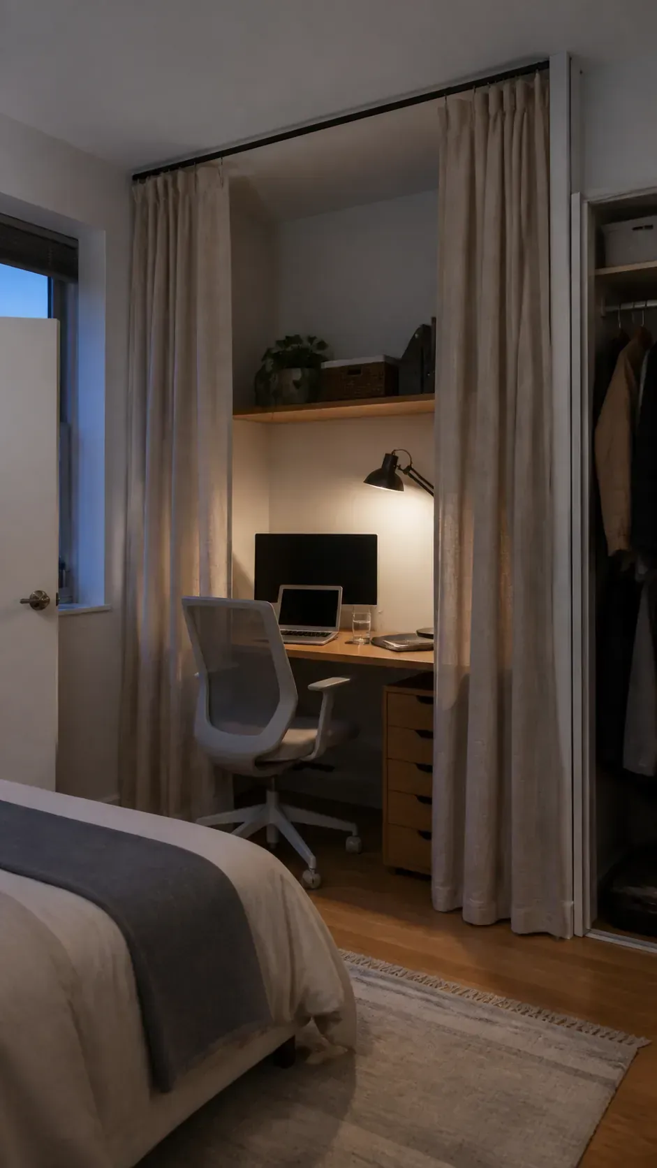 Bedroom desk partially hidden behind a light linen curtain