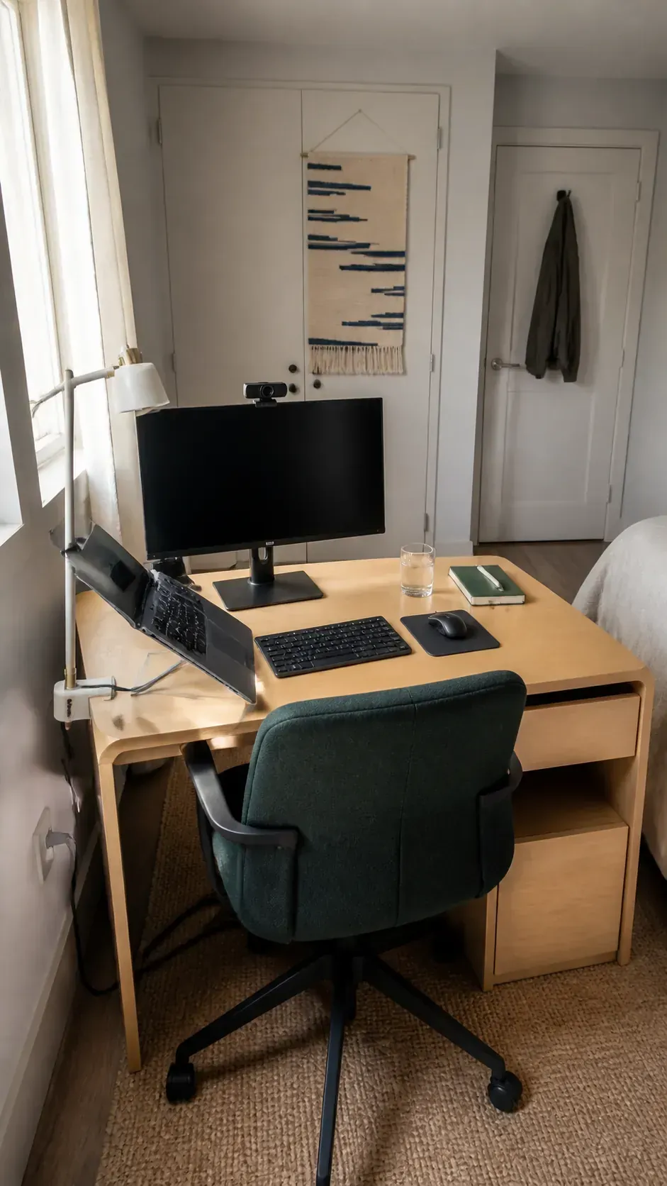 Bedroom desk with a tidy calm backdrop for video calls