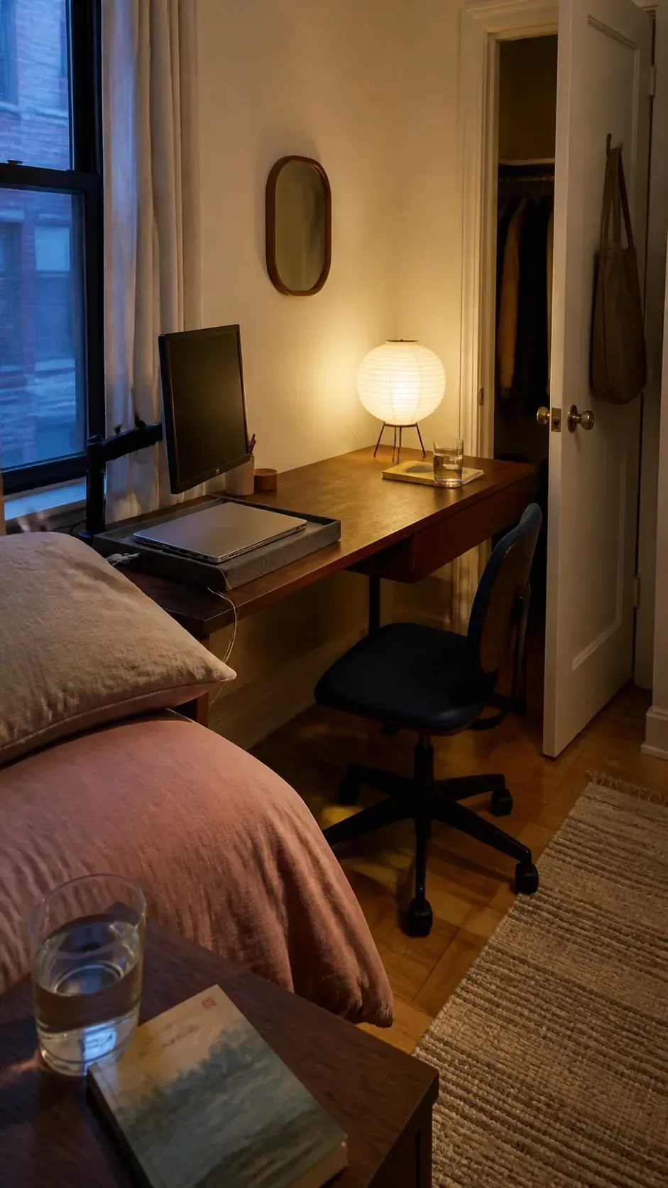 Slim desk serving as both workstation and bedside surface