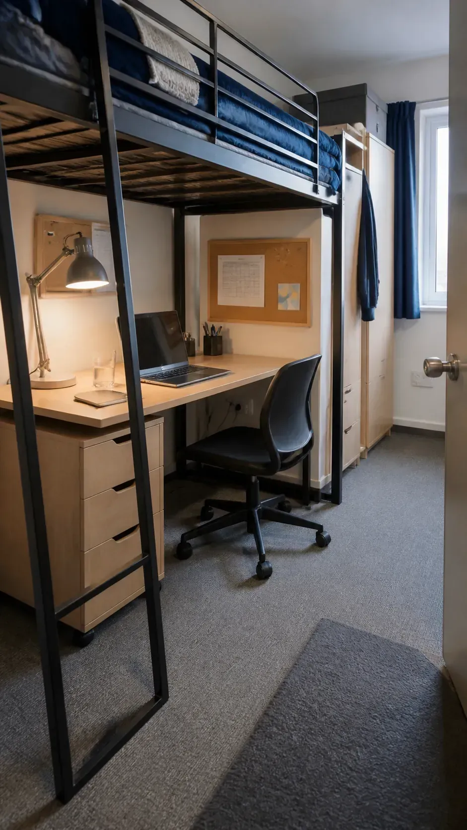 Organized study desk fitted beneath a loft bed