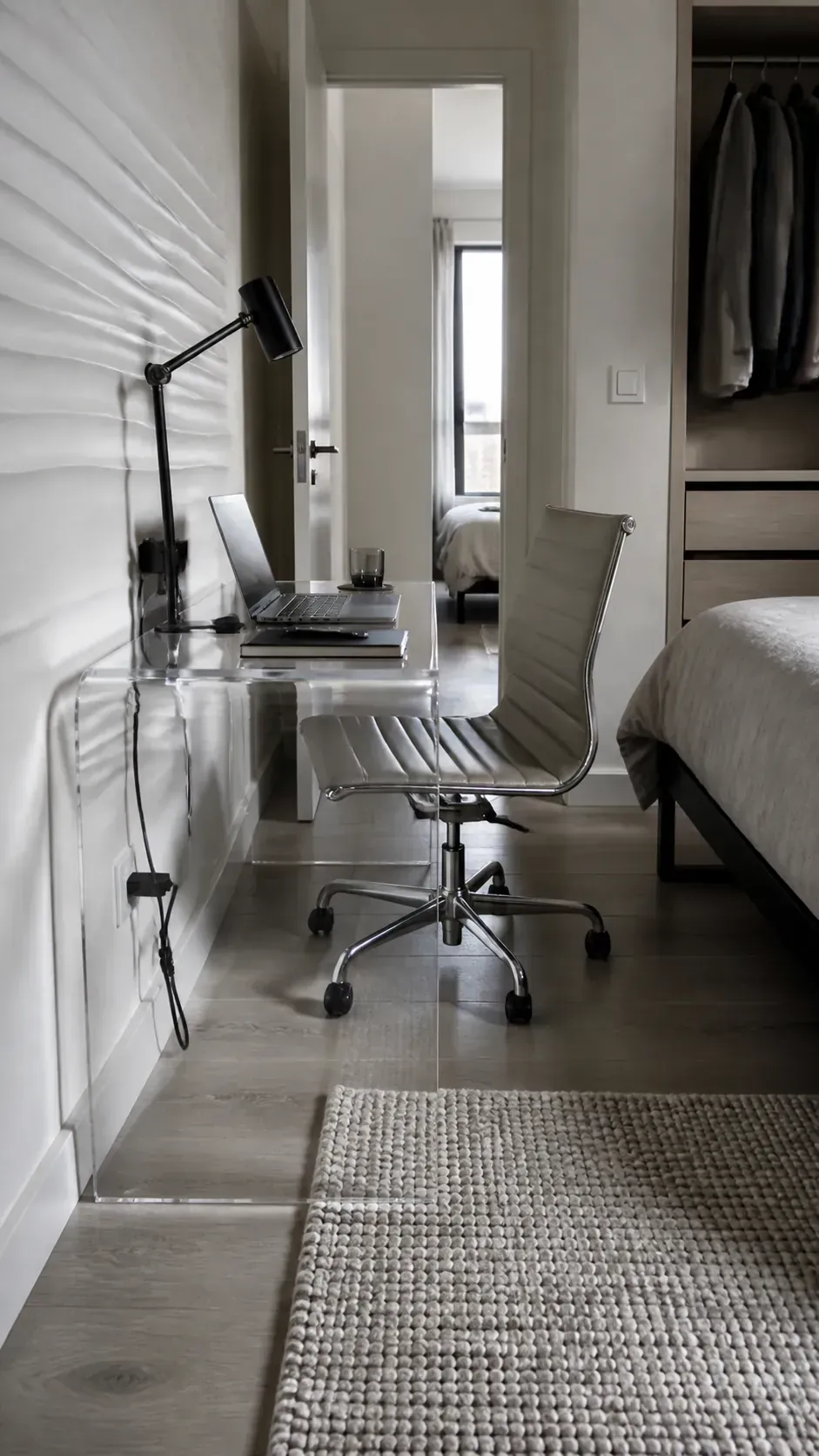 Clear acrylic desk creating a light visual footprint in a bedroom