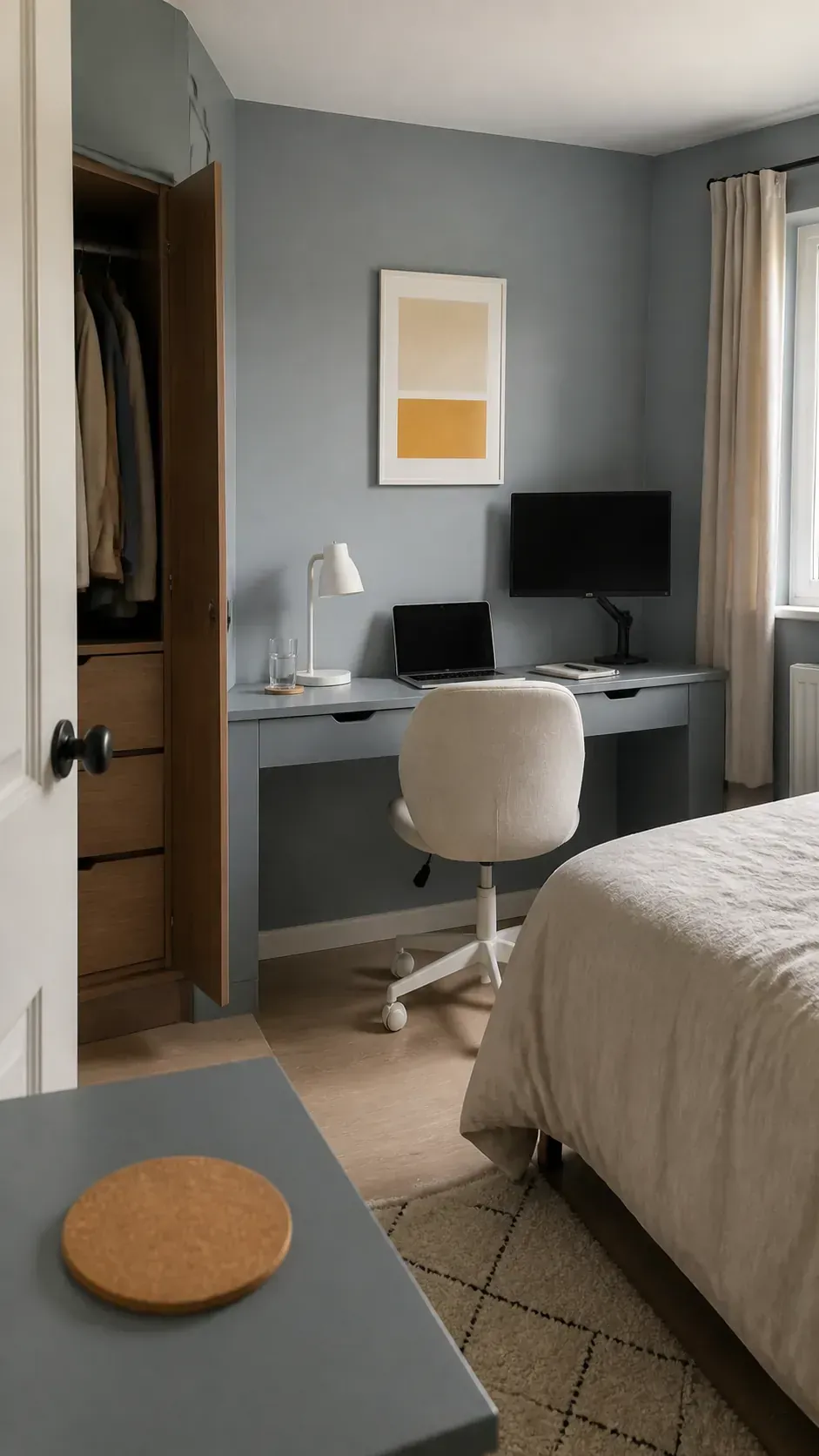 Bedroom desk matched to the wall color for a quiet look