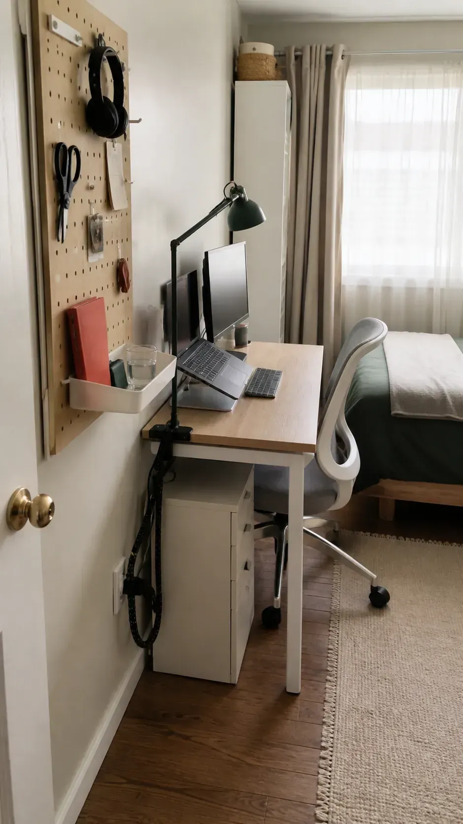 Small bedroom desk with an orderly pegboard for active tools