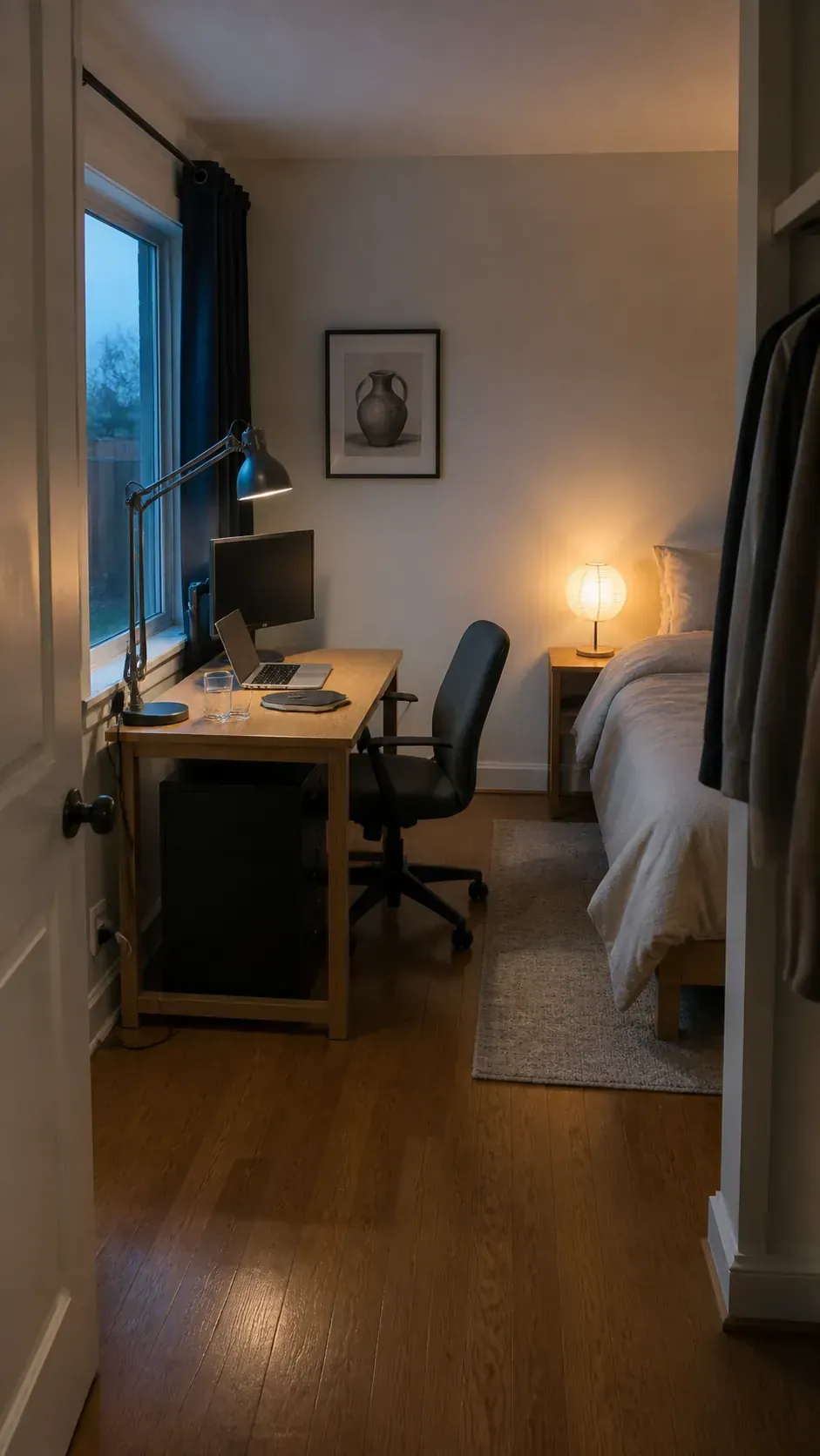 Bedroom desk using neutral task light and warm evening ambient light