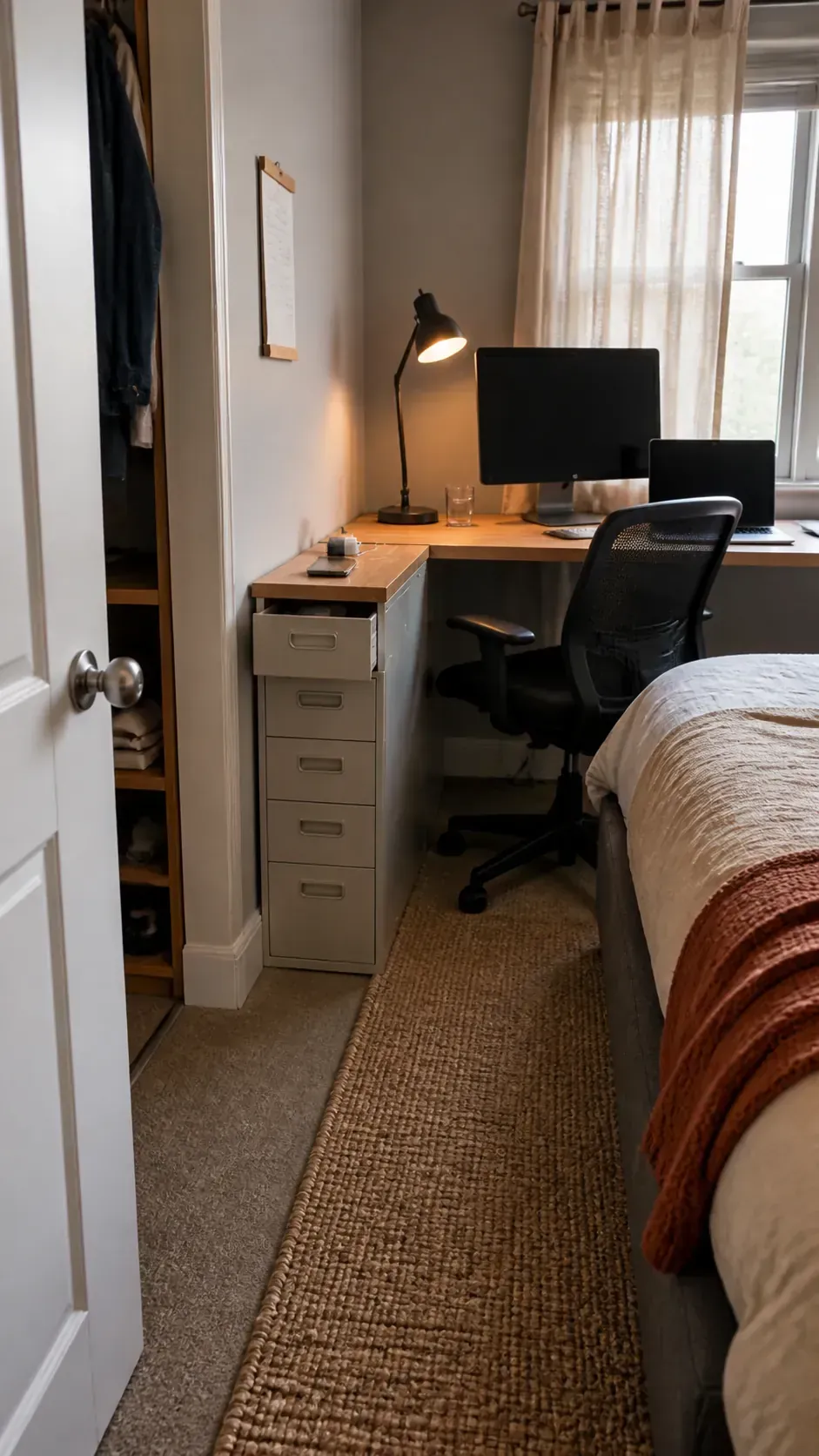 Slim drawer unit beside a compact bedroom desk