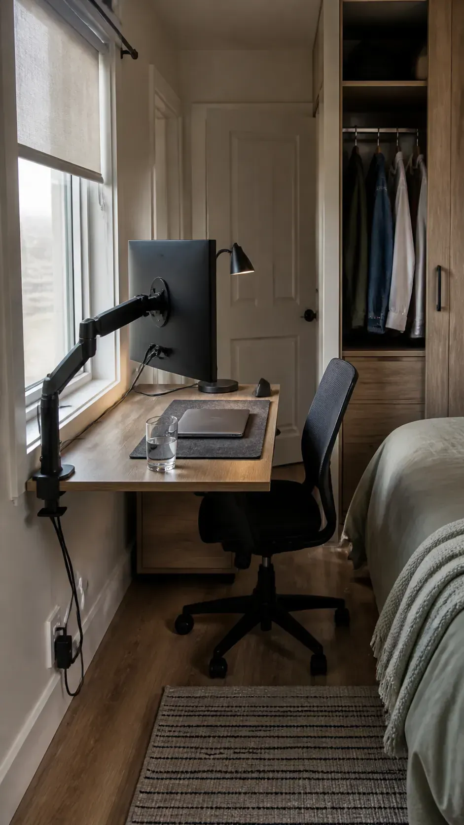 Bedroom workspace with monitor mounted on a clamp arm