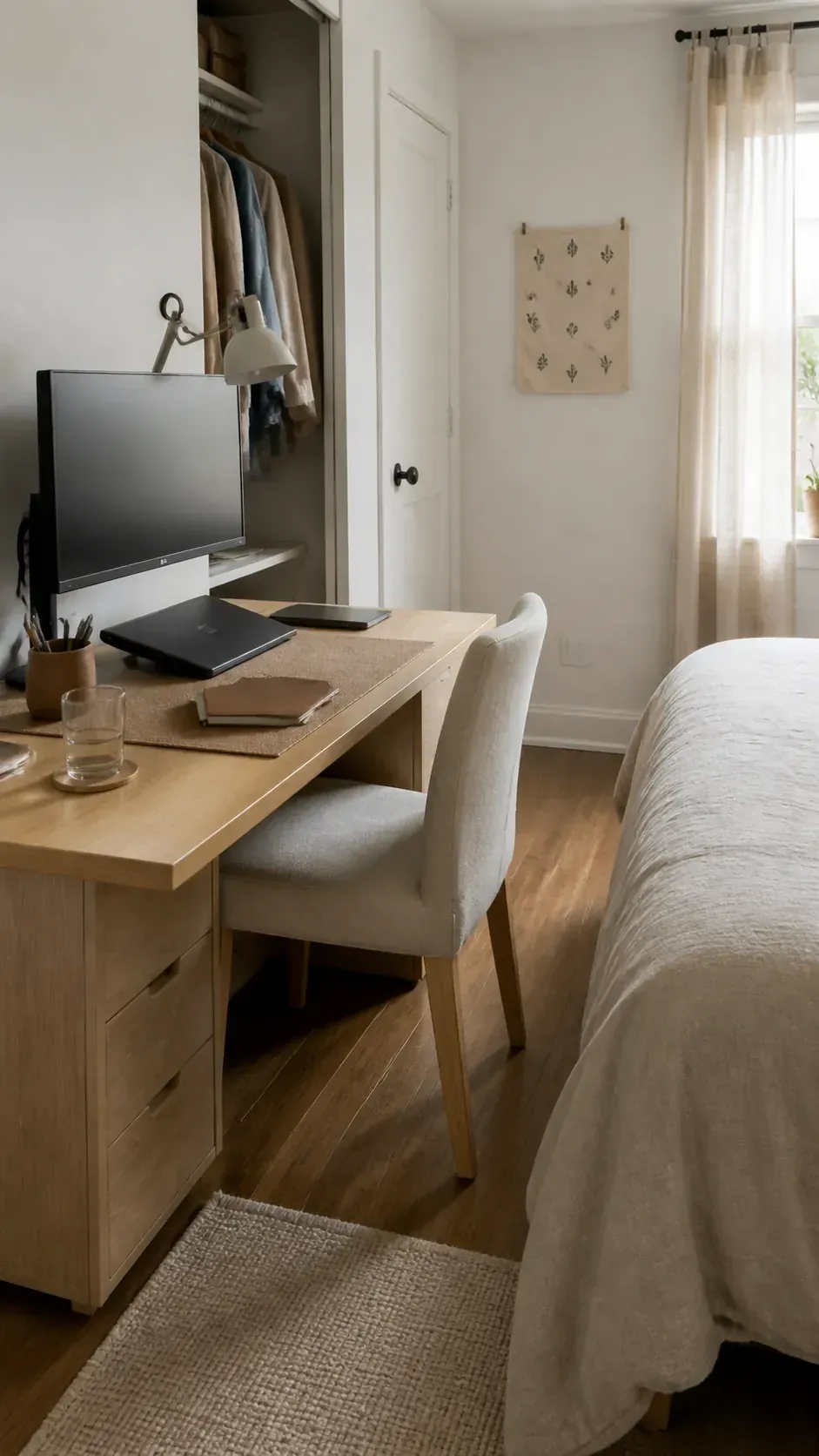 Small bedroom desk in a restful muted color palette