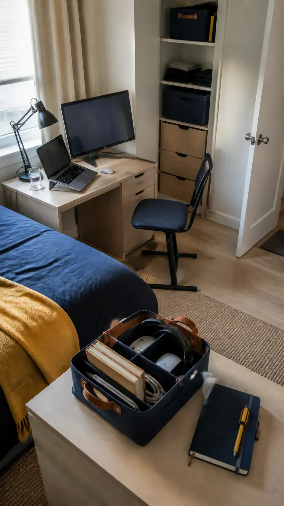 Portable work kit arranged on a simple bedroom desk