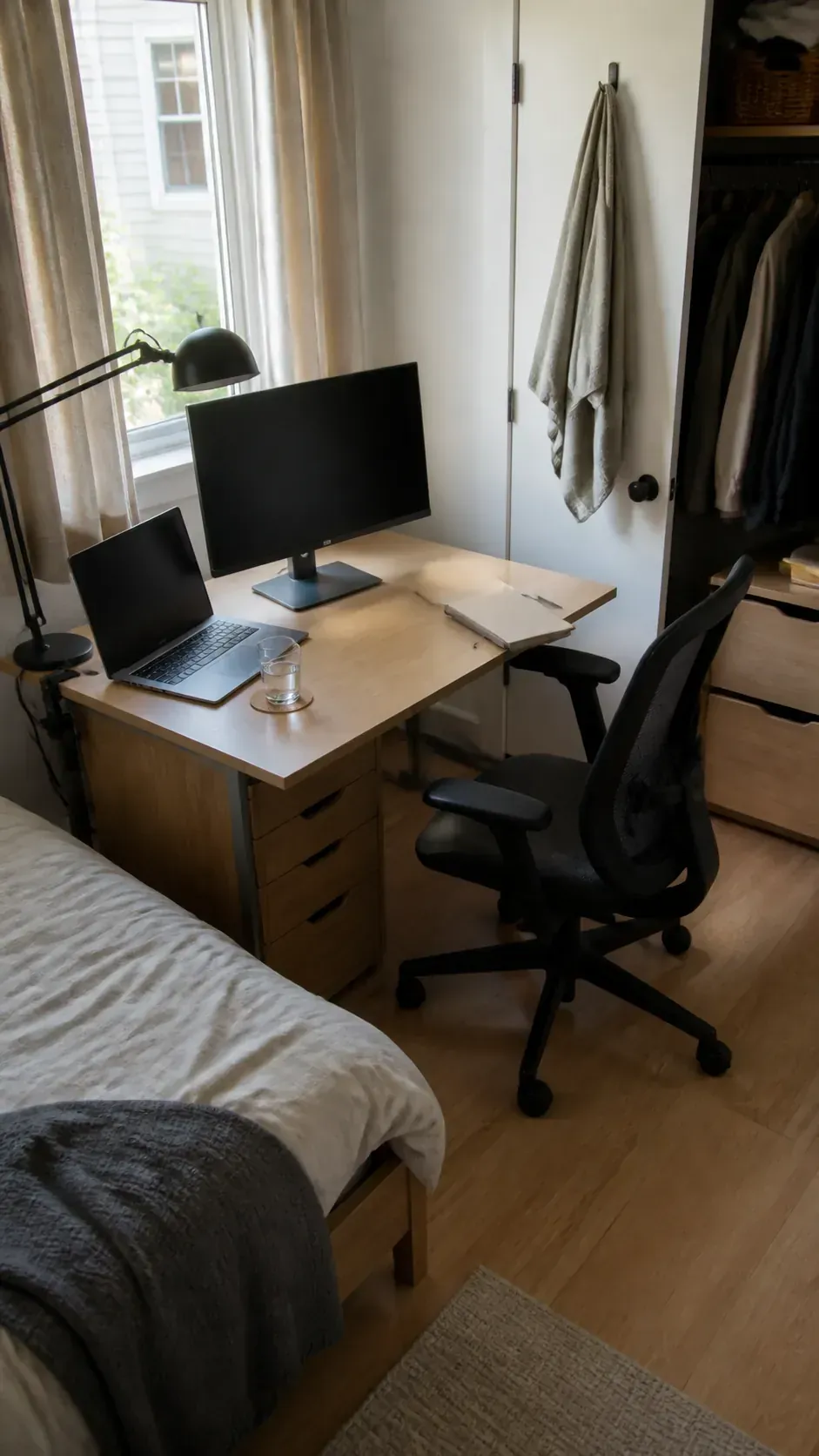 Compact bedroom desk with a protected blank writing area