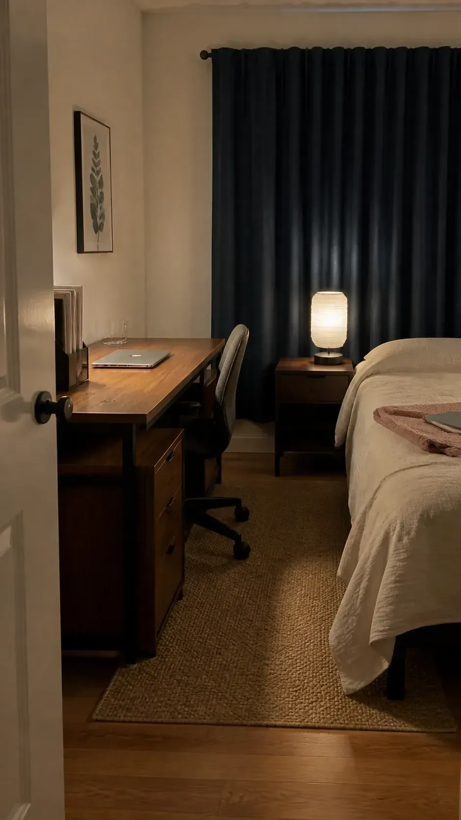 Bedroom workspace cleared and softly lit after an evening reset