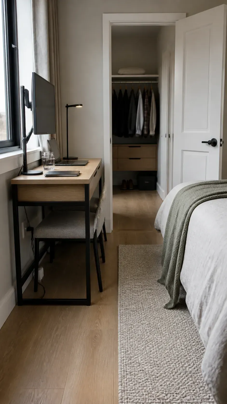 Light desk chair tucked fully beneath a bedroom desk