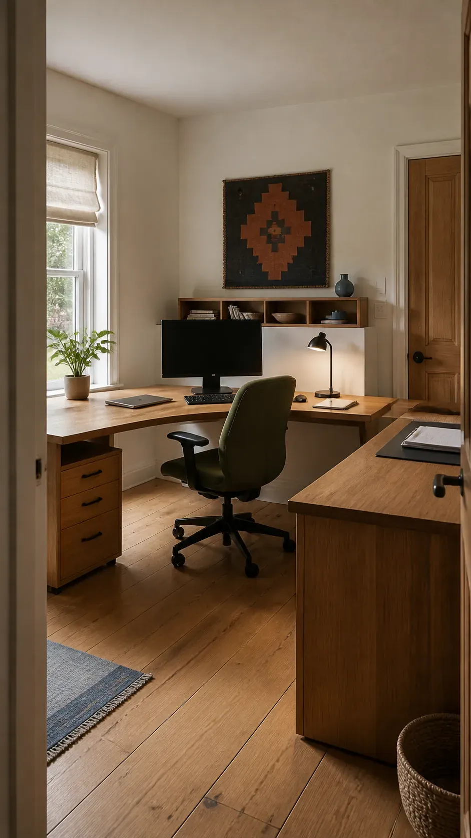 Practical L shaped office desk layout in a bright room