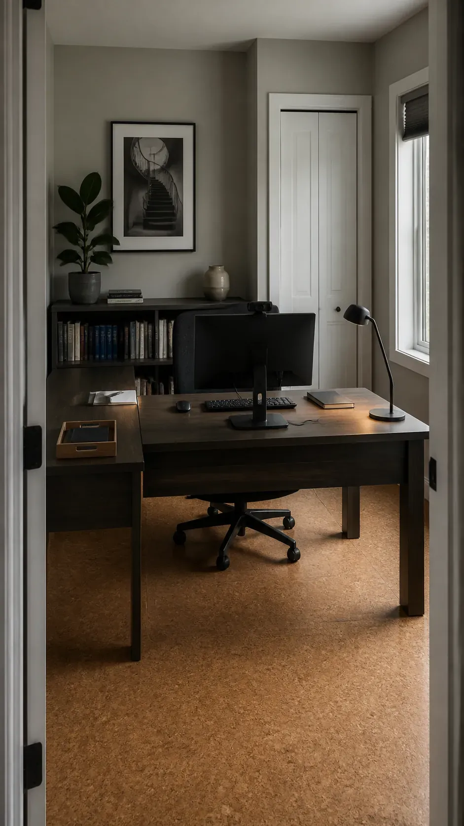 Home office L desk layout facing the door