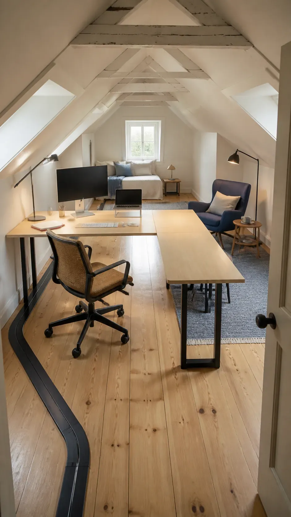 Floating L shaped desk dividing a multipurpose room