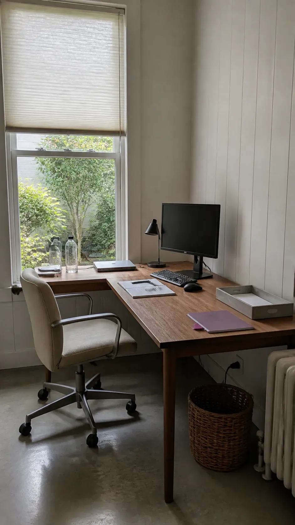 L shaped office desk arranged beside a window