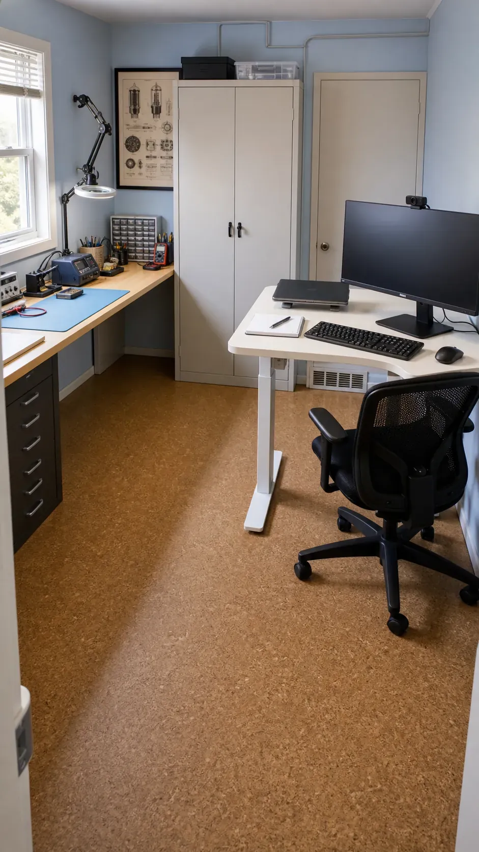 L office layout with separate computer and hobby bench