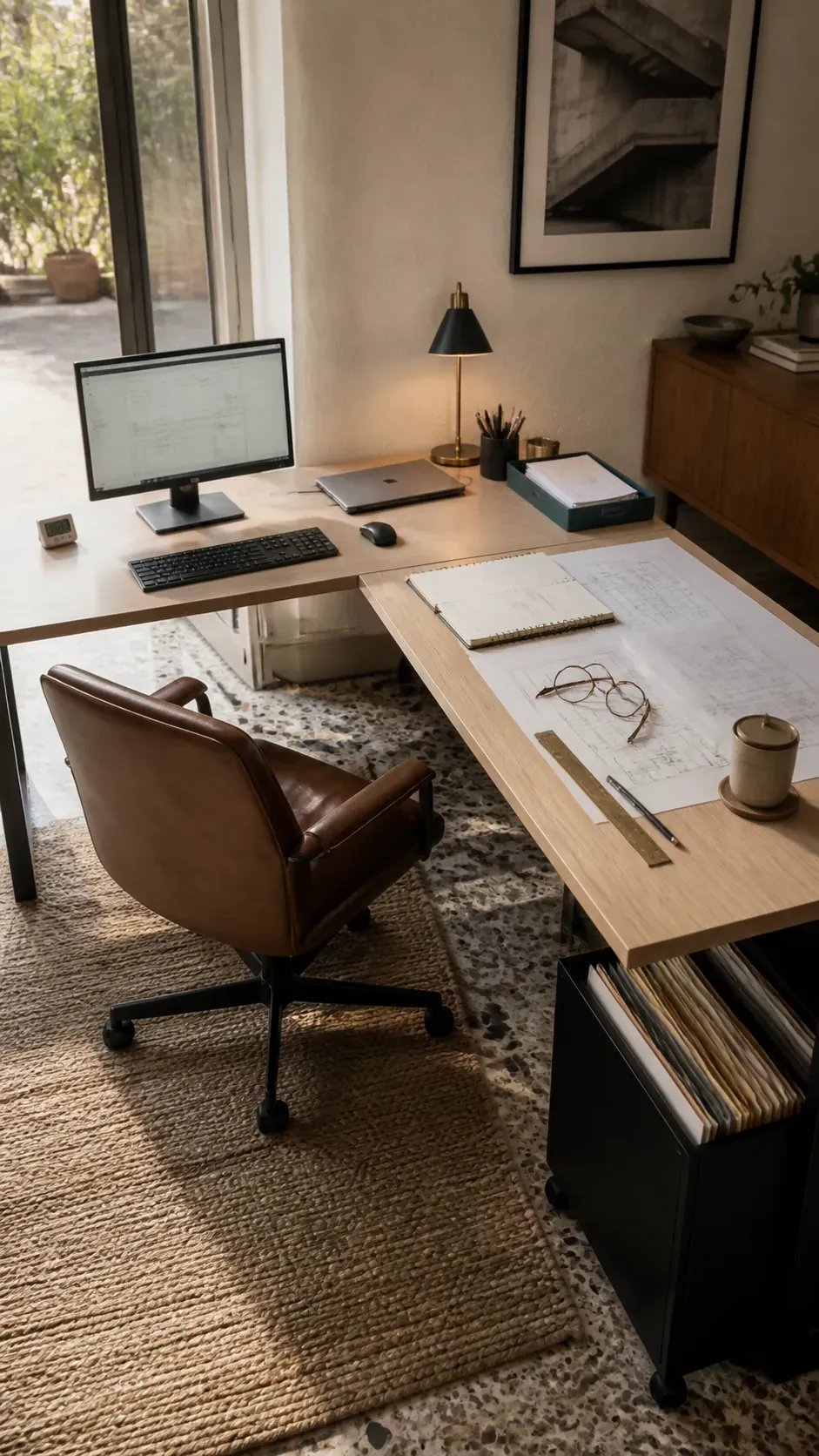 L shape workstation with computer and paperwork zones