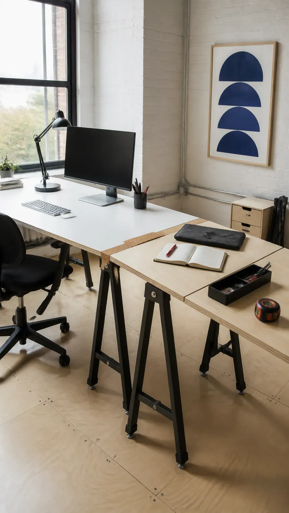 Two separate tables arranged as a flexible L workstation