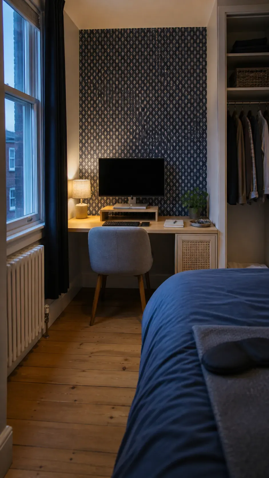 Compact L shaped office layout in a bedroom