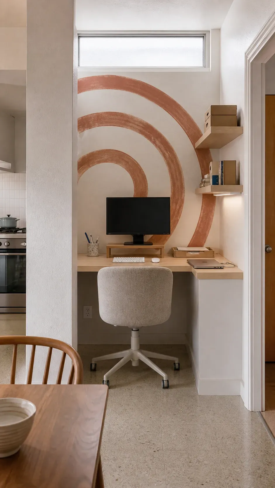 Small L desk office wrapped into a narrow alcove
