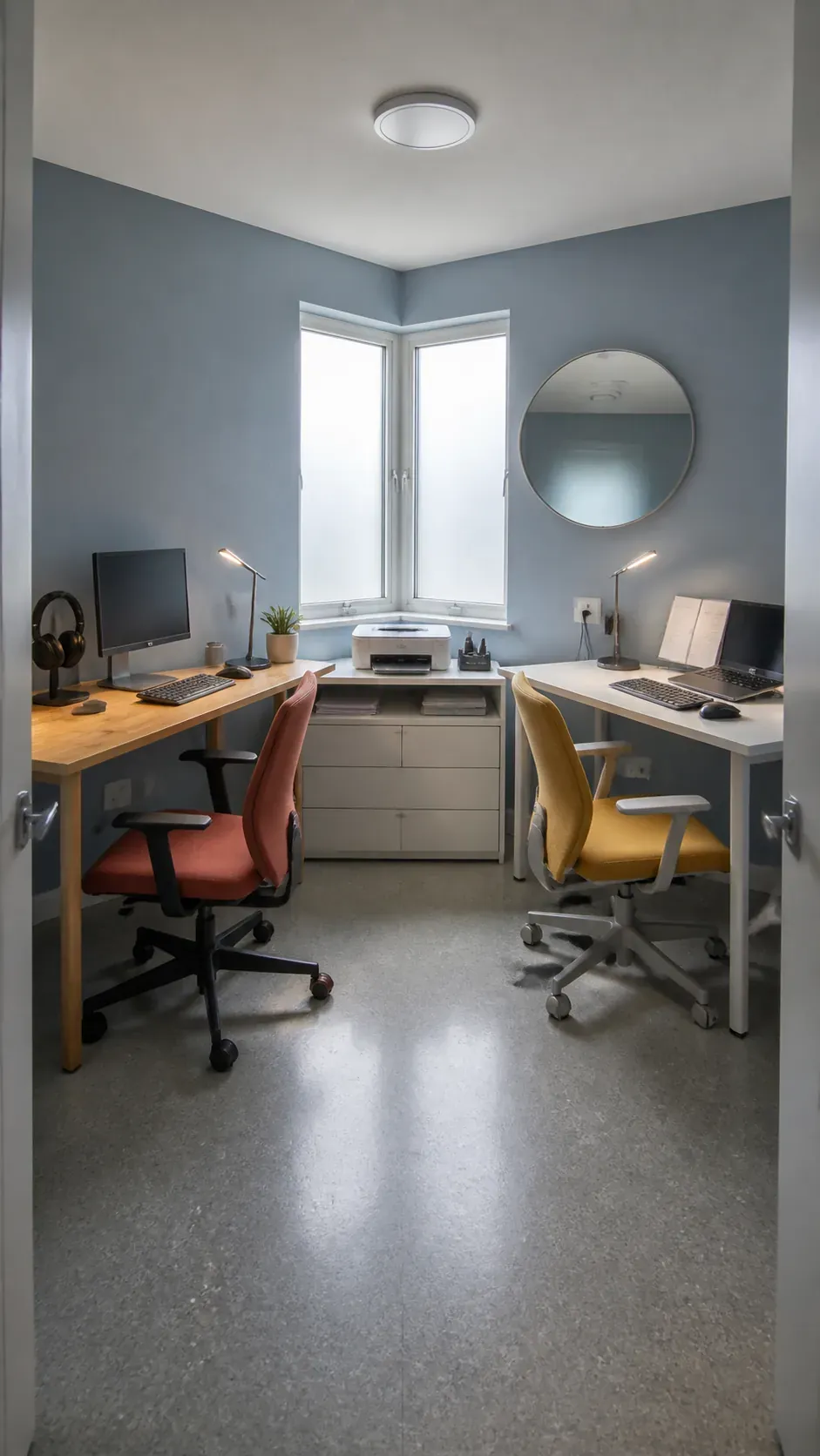 Mirrored corner office layout for two people