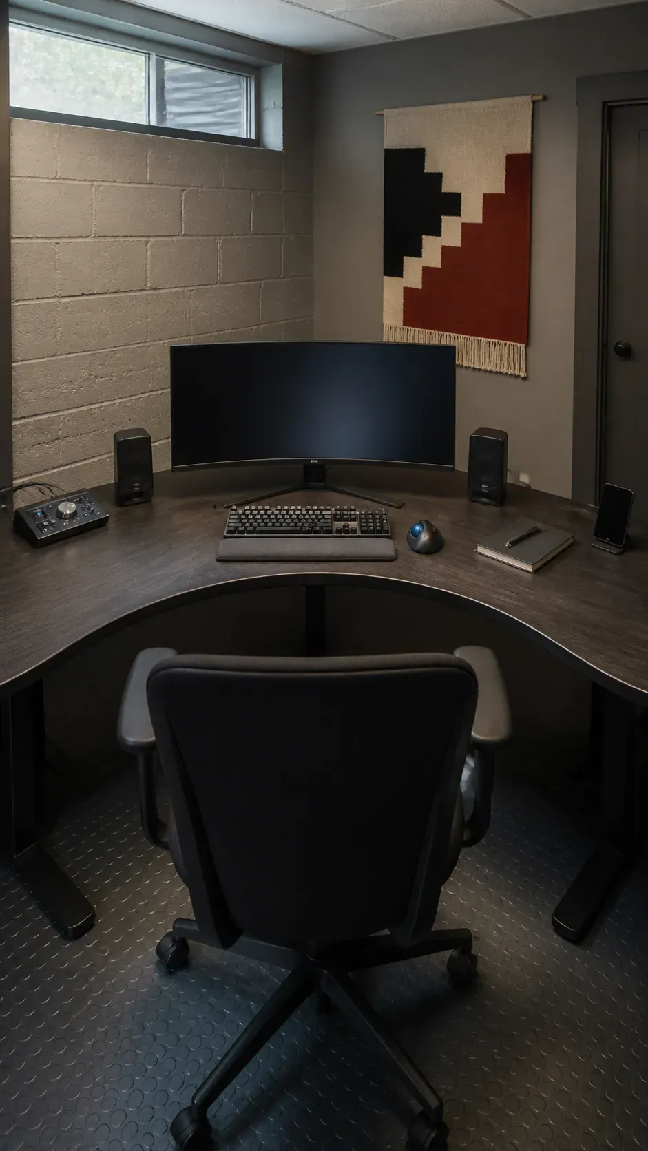 L shaped desk with a comfortable rounded inner junction