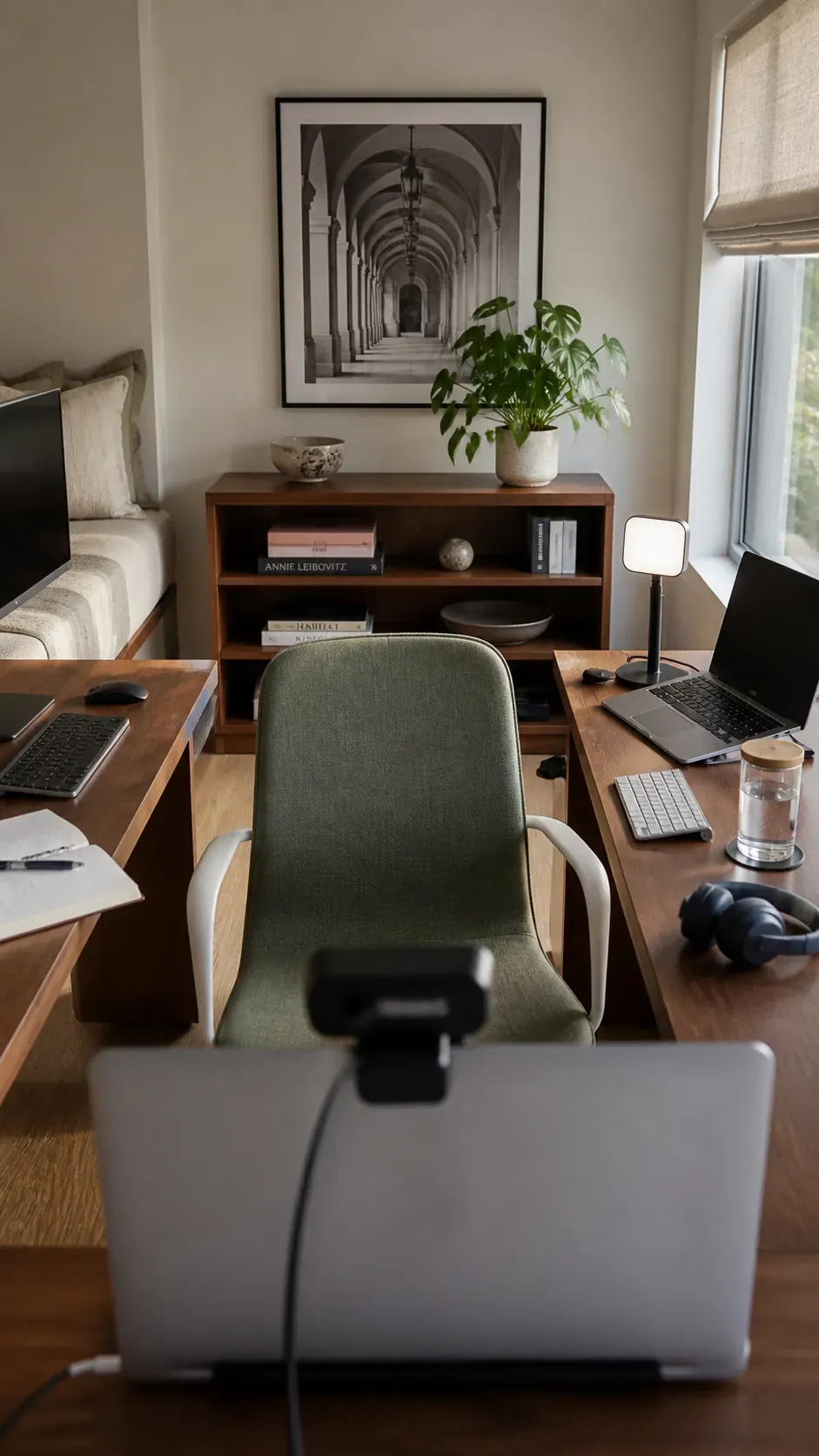 L desk return arranged as a video call station