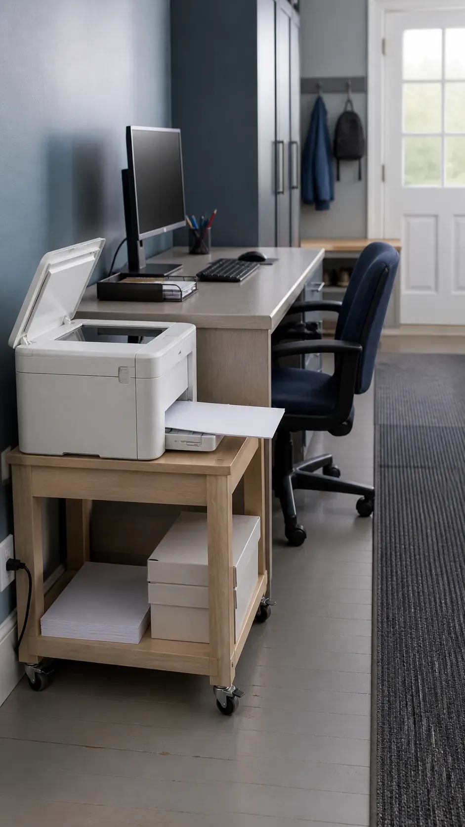 L office desk with a separate printer service zone