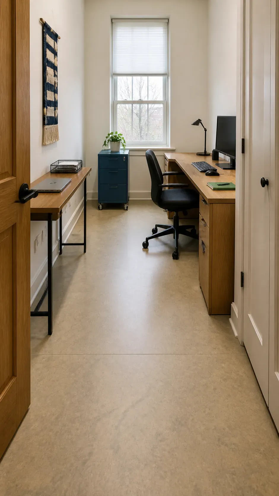 Small L shaped office layout with an open center aisle
