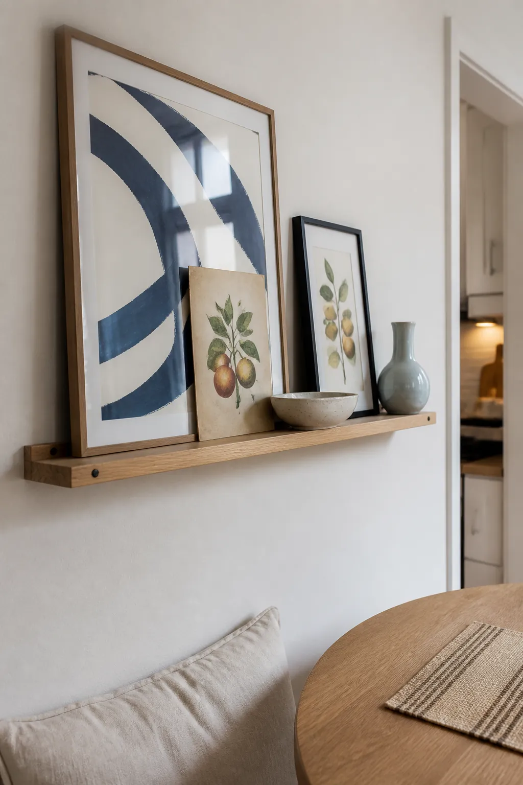 Slim oak picture ledge with layered kitchen prints and pottery