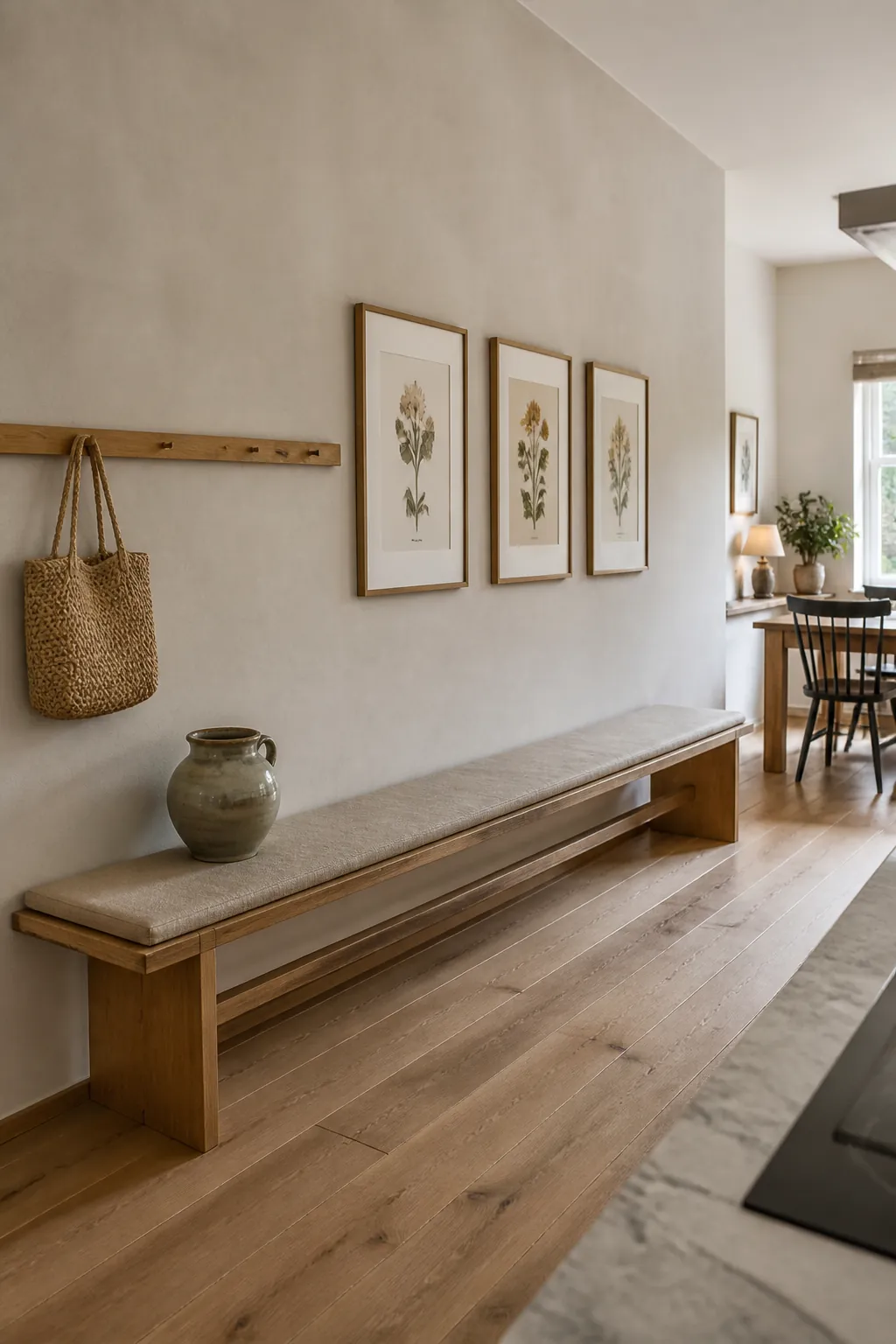 Long kitchen wall decorated with art storage and natural textures