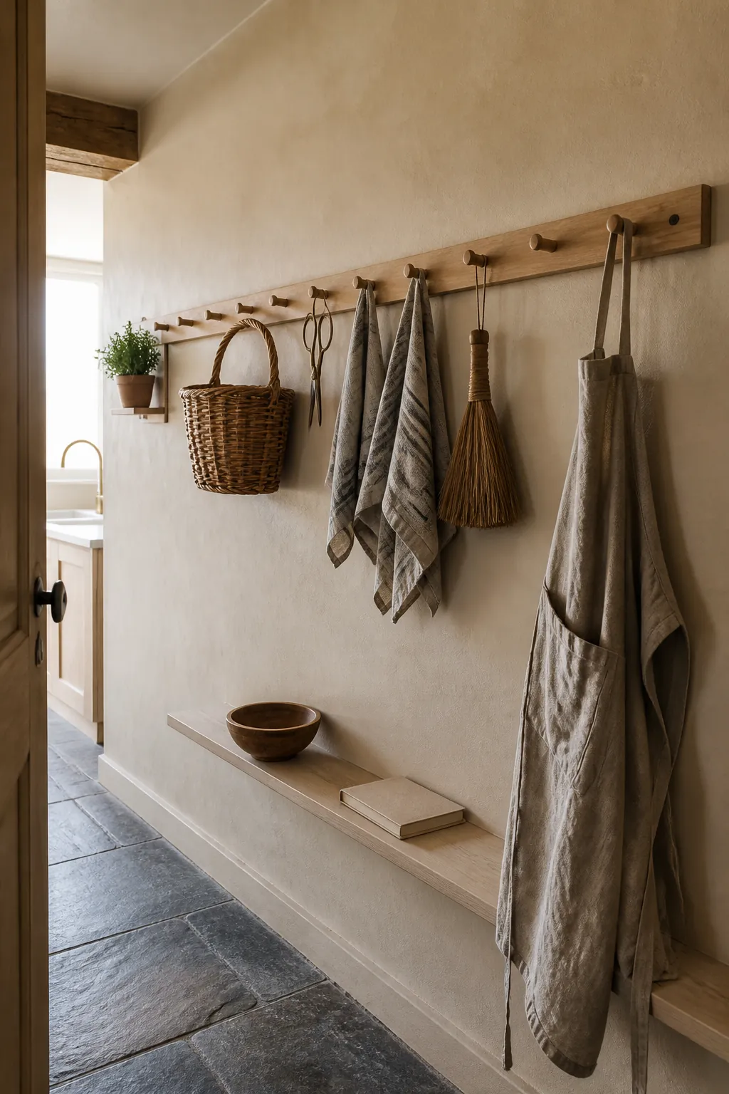Long kitchen peg rail with baskets linens and daily utensils
