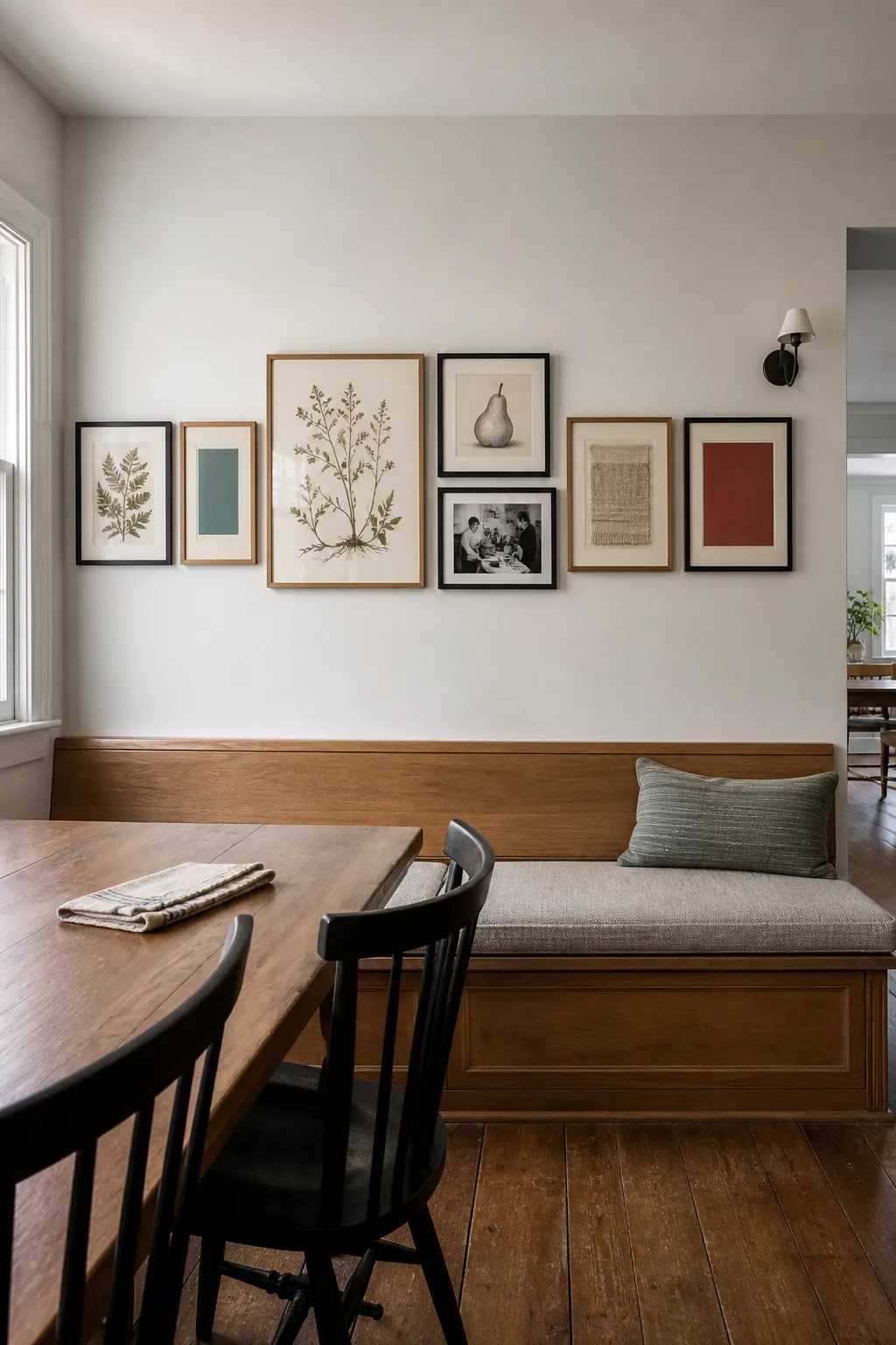 Long kitchen gallery wall with botanical prints above a dining bench