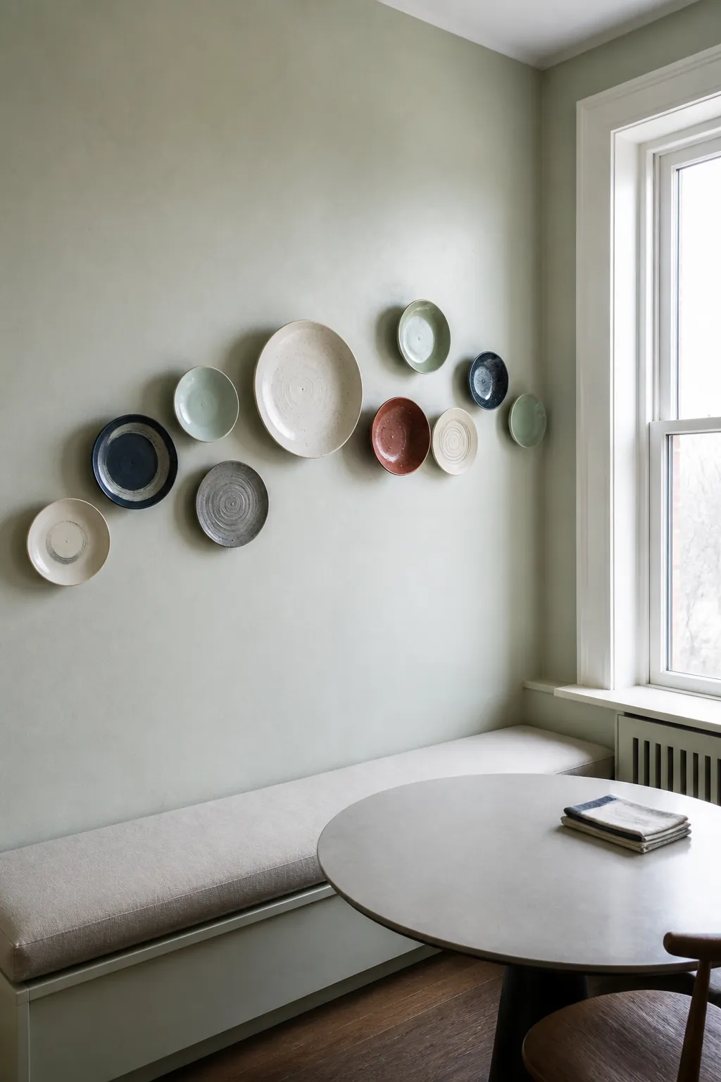 Curated stoneware plate display across a long kitchen wall