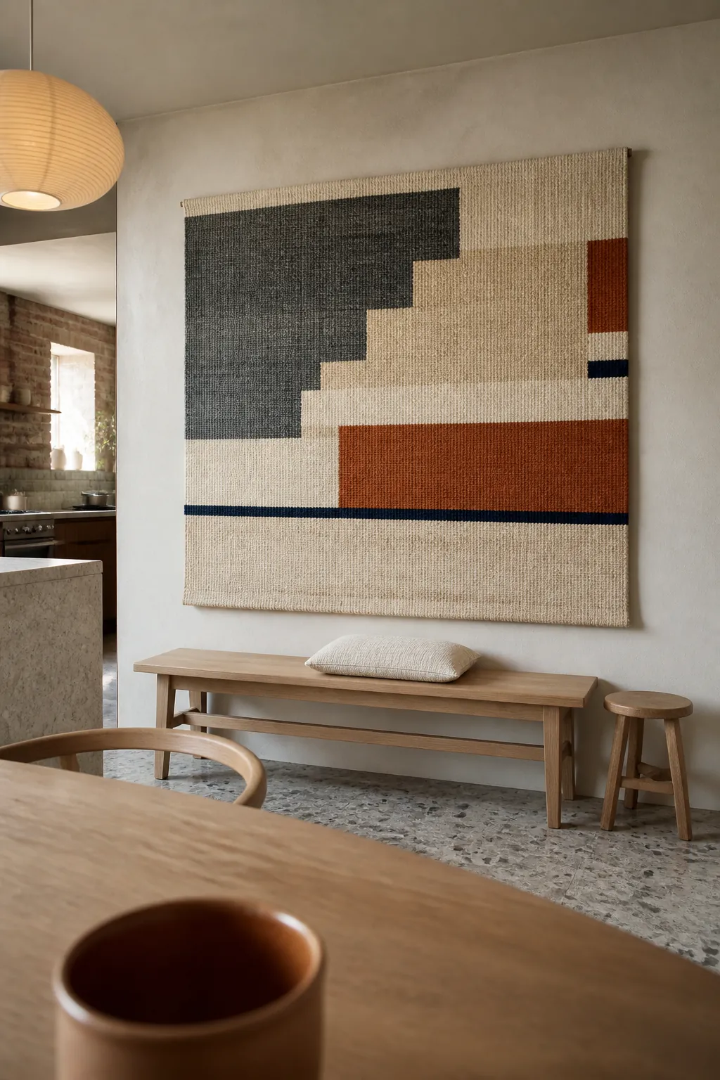 Large woven textile panel on a long kitchen dining wall