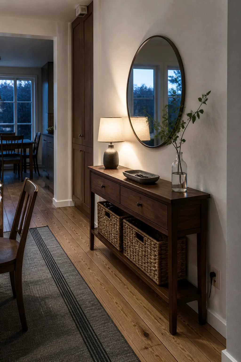 Slim console with round mirror on a long kitchen wall