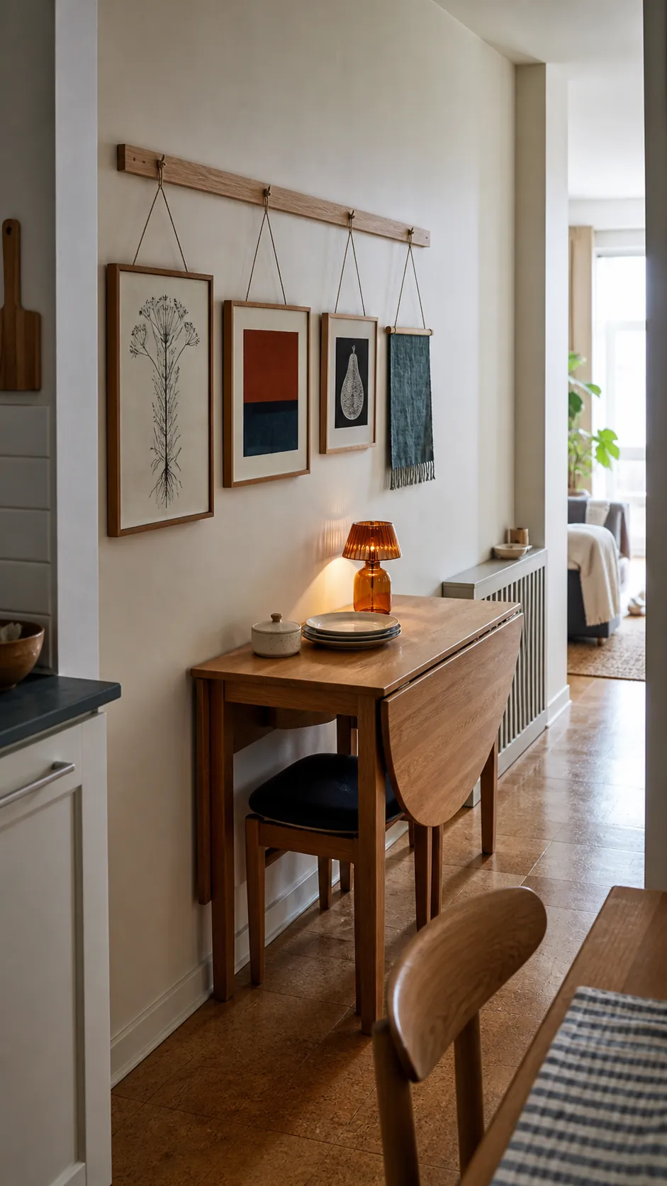 Renter friendly gallery rail on a narrow dining room wall