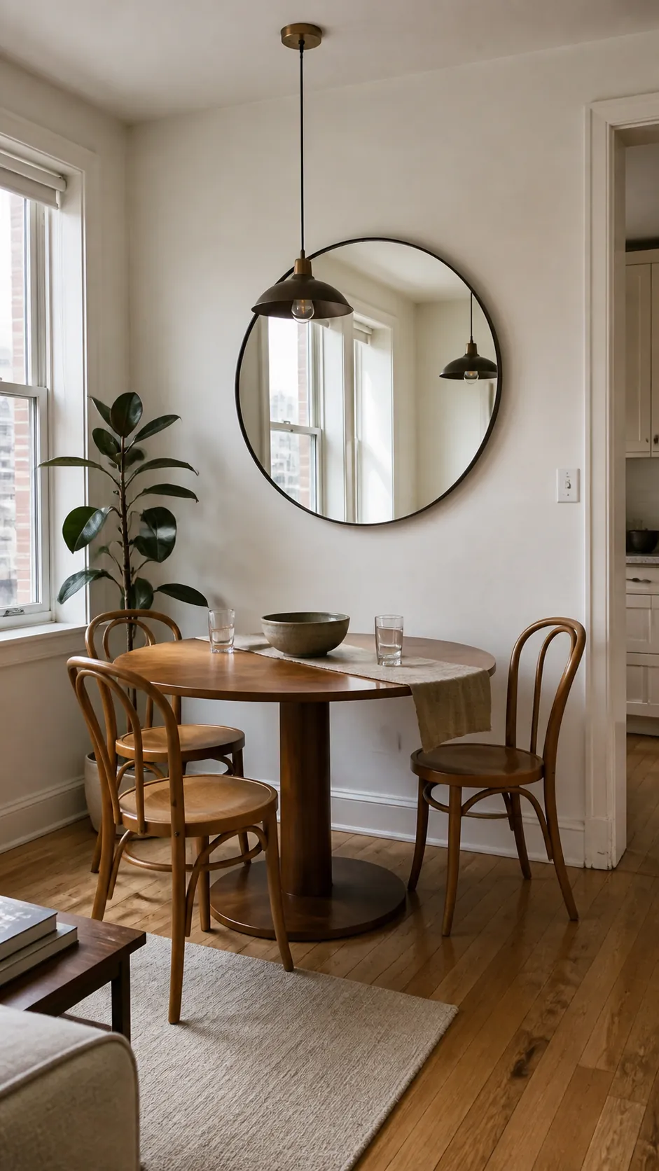 Round mirror correctly scaled above a small dining table