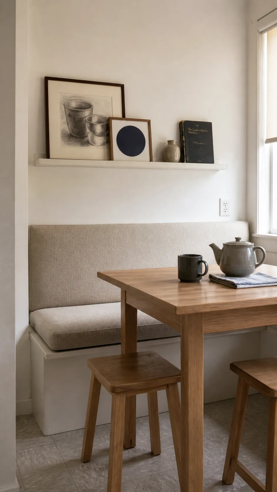 Slim picture ledge styling in a tiny dining nook