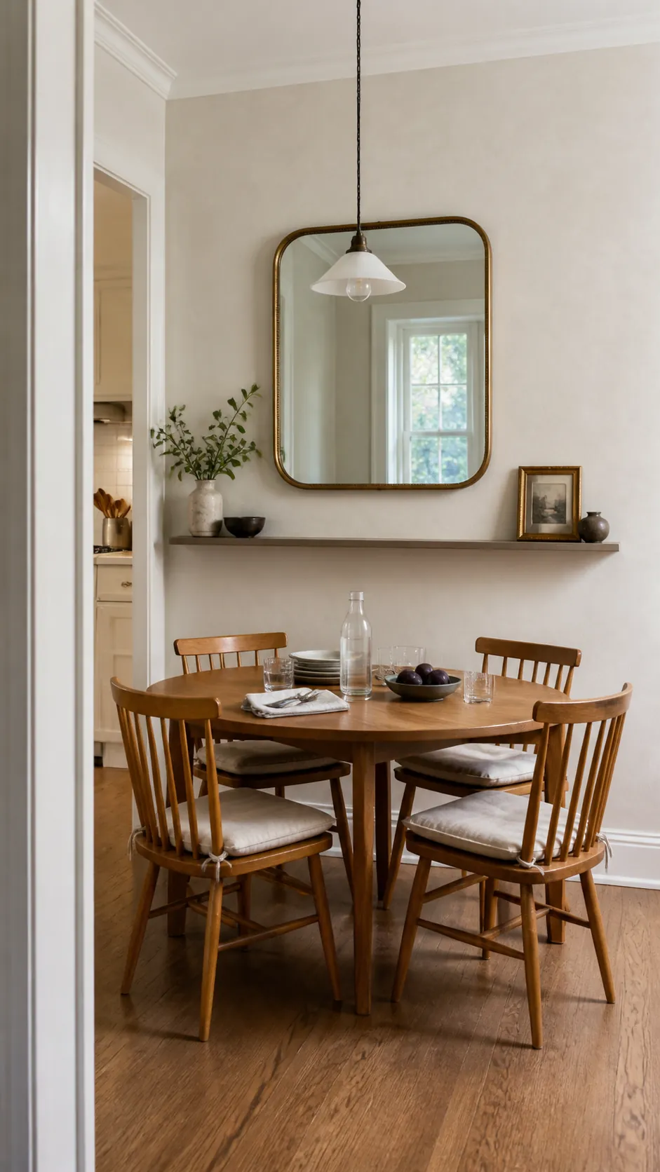 Small dining room with a round mirror and warm textured wall decor