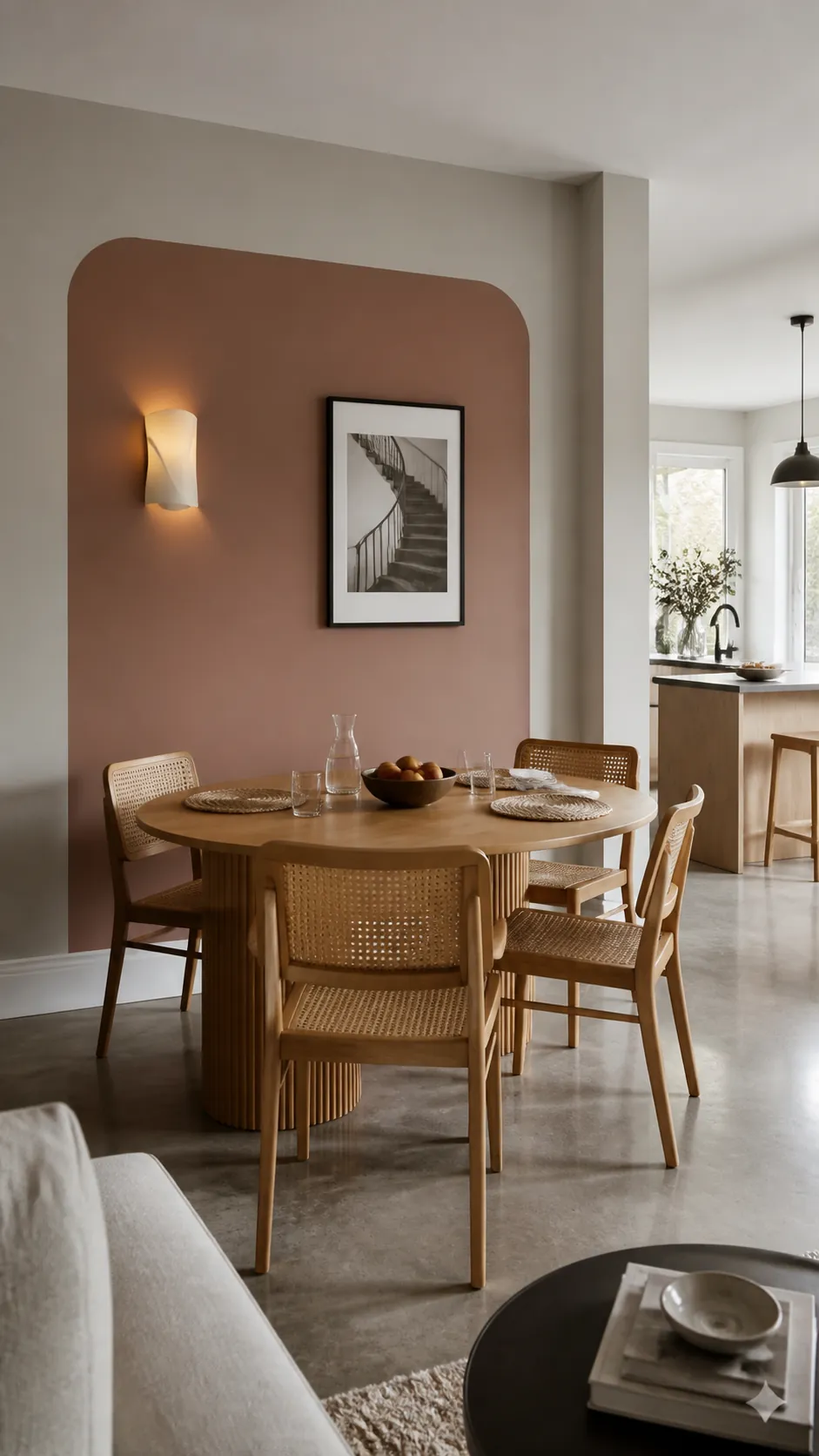Painted color block accent wall defining a small dining area