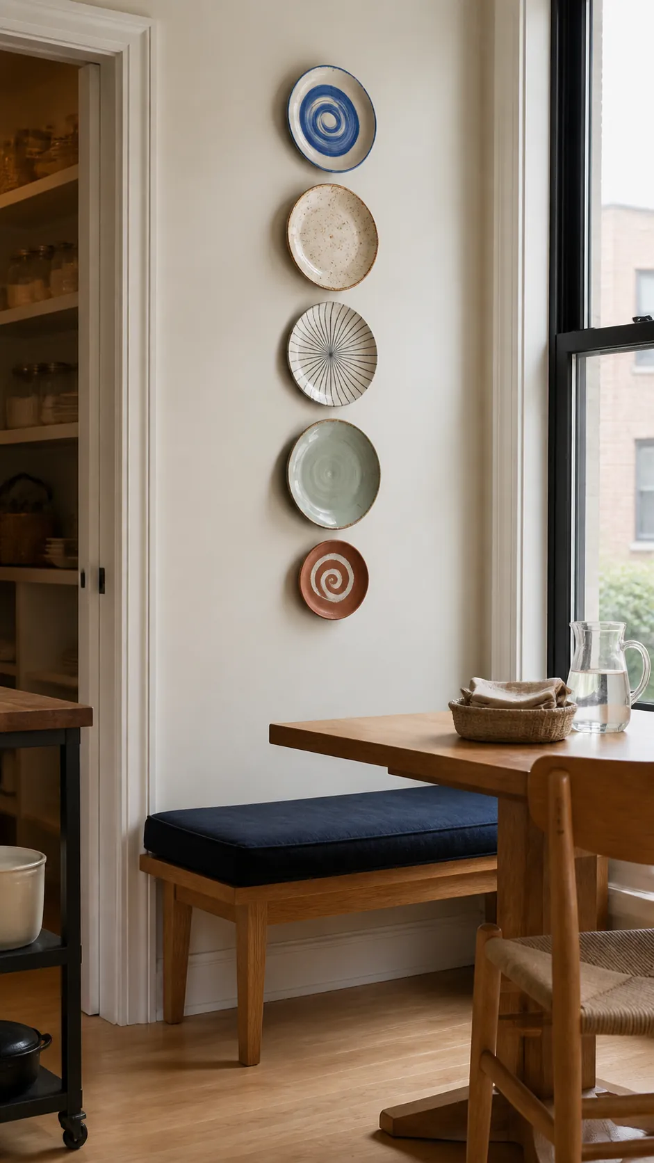 Vertical ceramic plate display above a compact dining bench