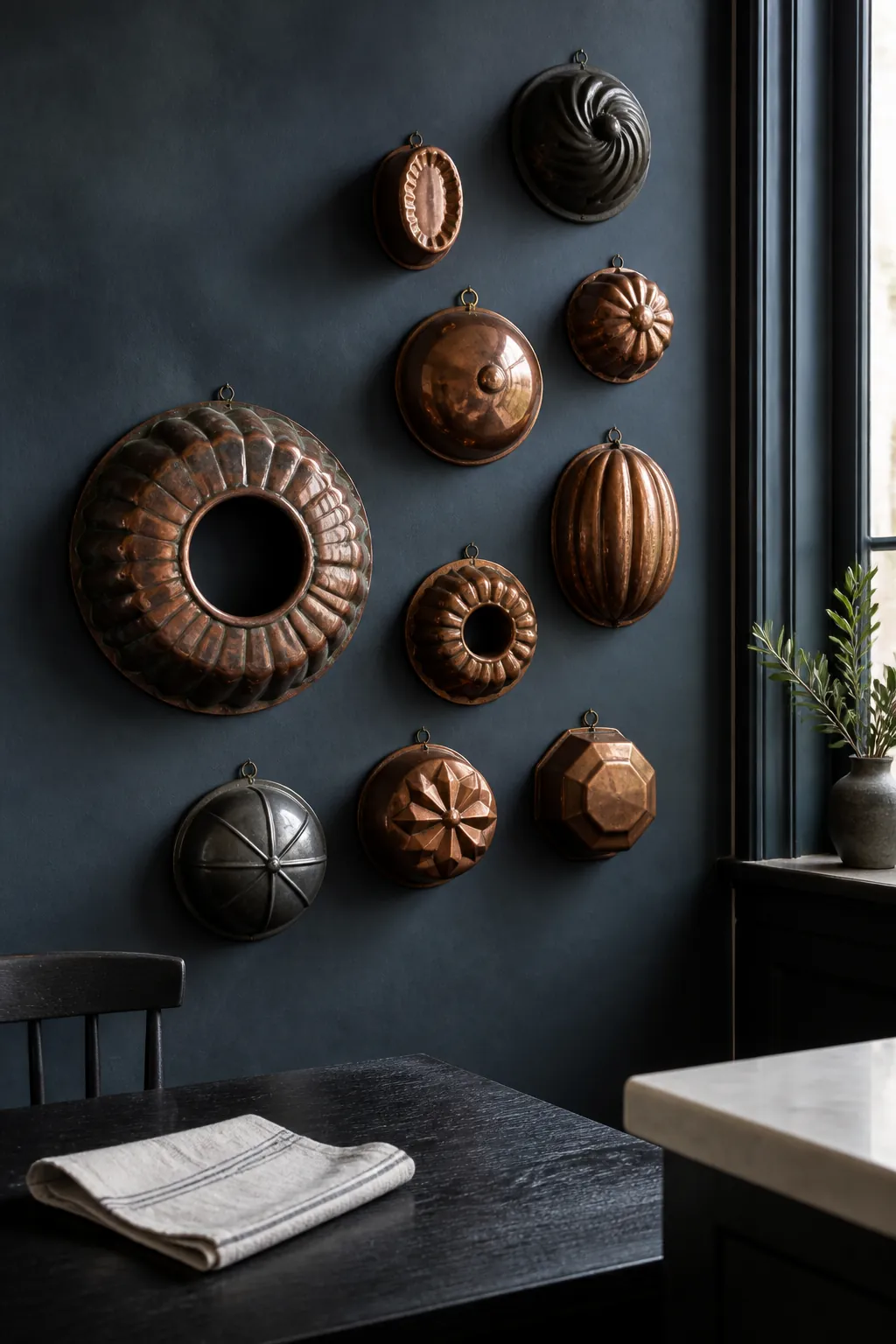 Vintage copper molds arranged on a dark kitchen wall