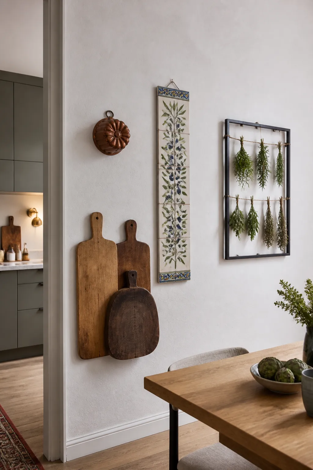 Unique kitchen wall with handcrafted wood copper and botanical details