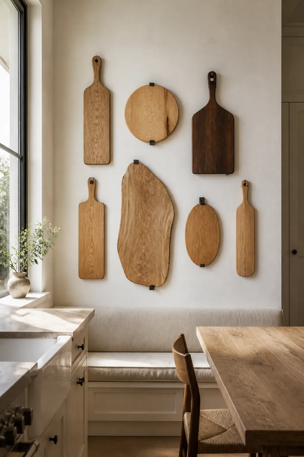 Sculptural collection of vintage wooden boards on a kitchen wall