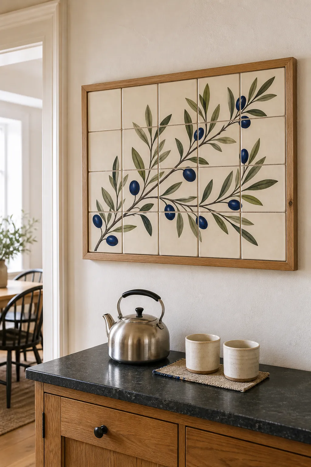 Hand painted olive and blue fruit tile panel in a kitchen