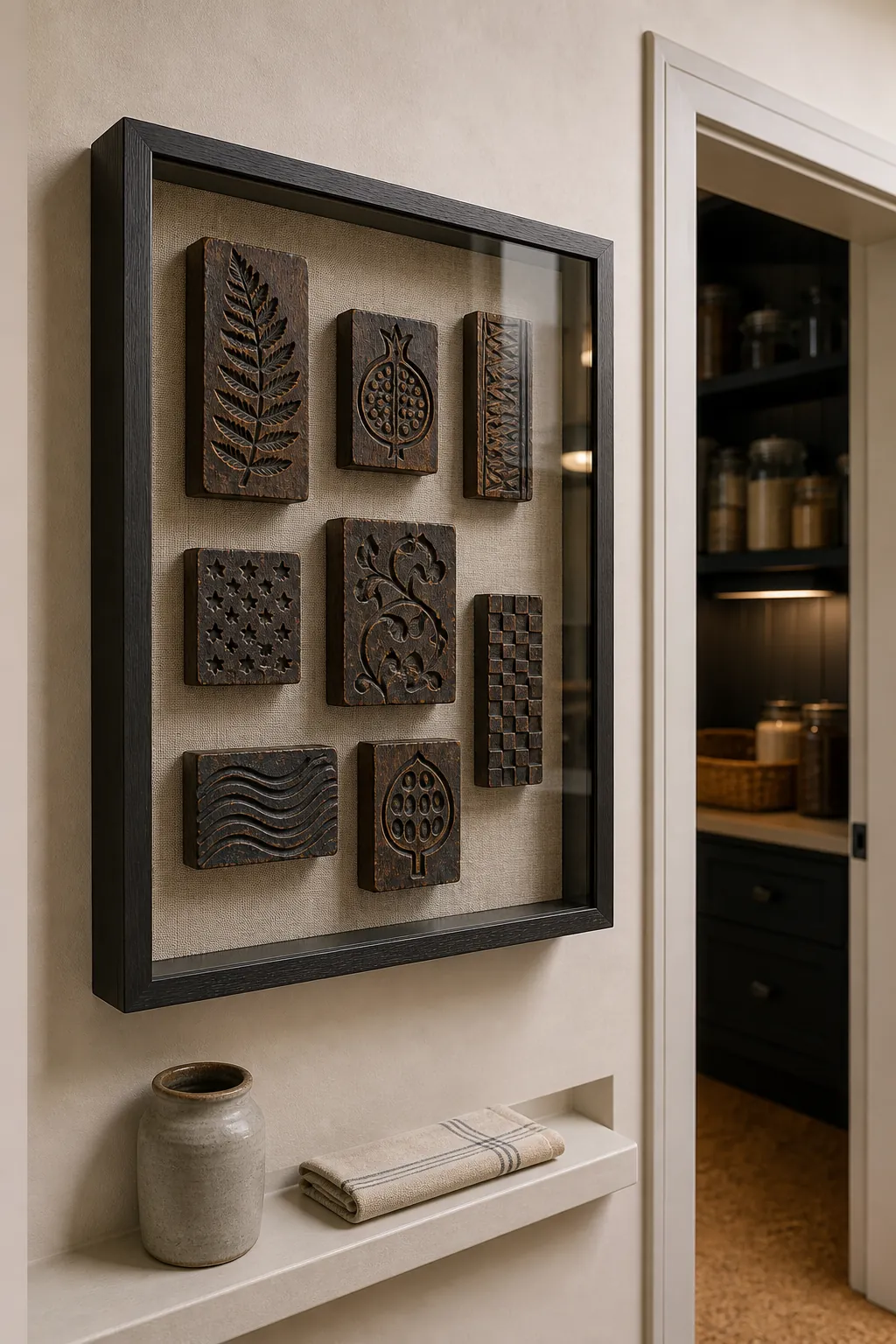 Carved botanical printing blocks displayed in a kitchen shadowbox