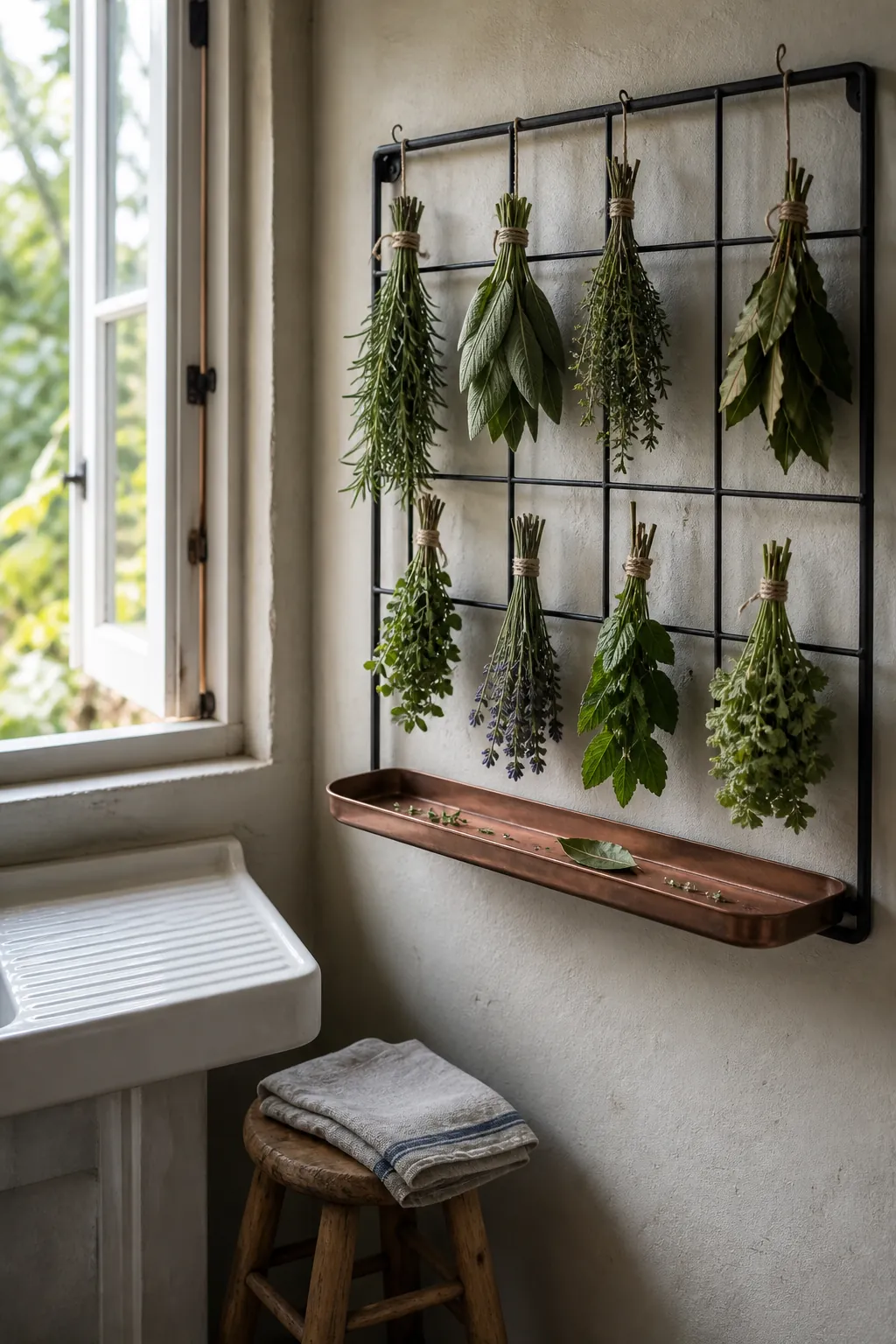 Wall mounted herb drying frame with rosemary sage thyme and bay