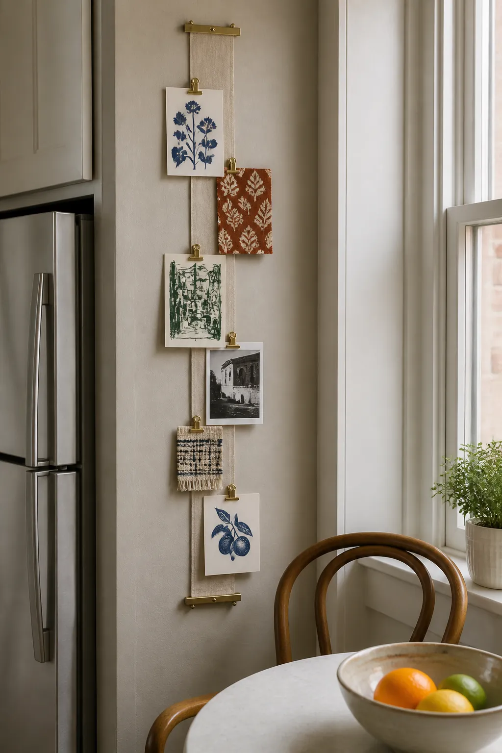 Linen ribbon display with illustrated postcards on a small kitchen wall