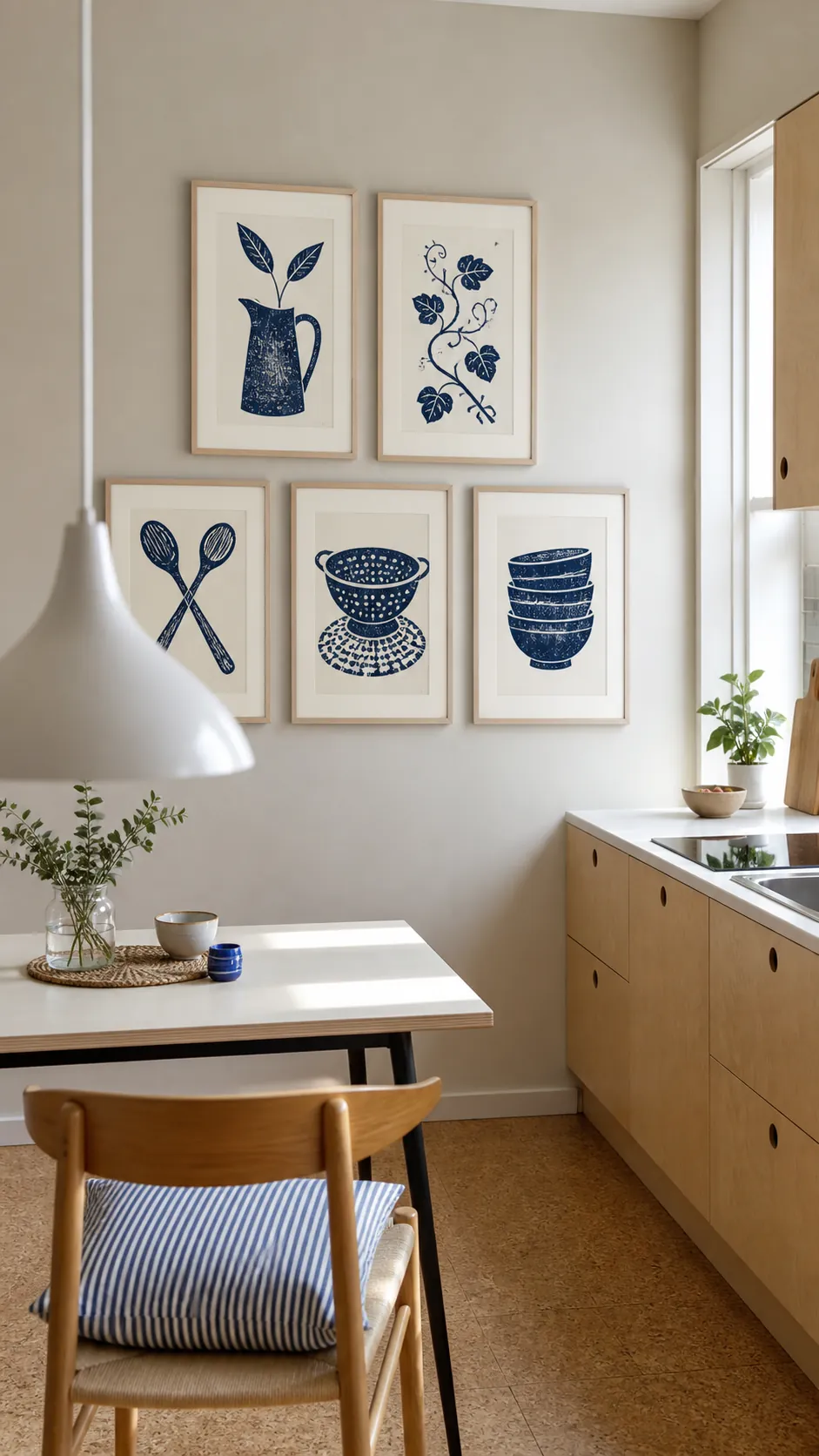 Indigo linocut print series with utensils leaves and vessels